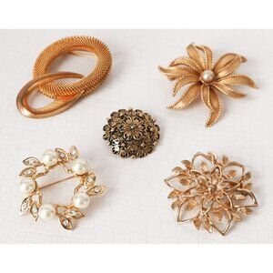 Mid-Century Modern Gold Tone Brooches Set Of 5 W/ Pearl & Rhinestone Accents